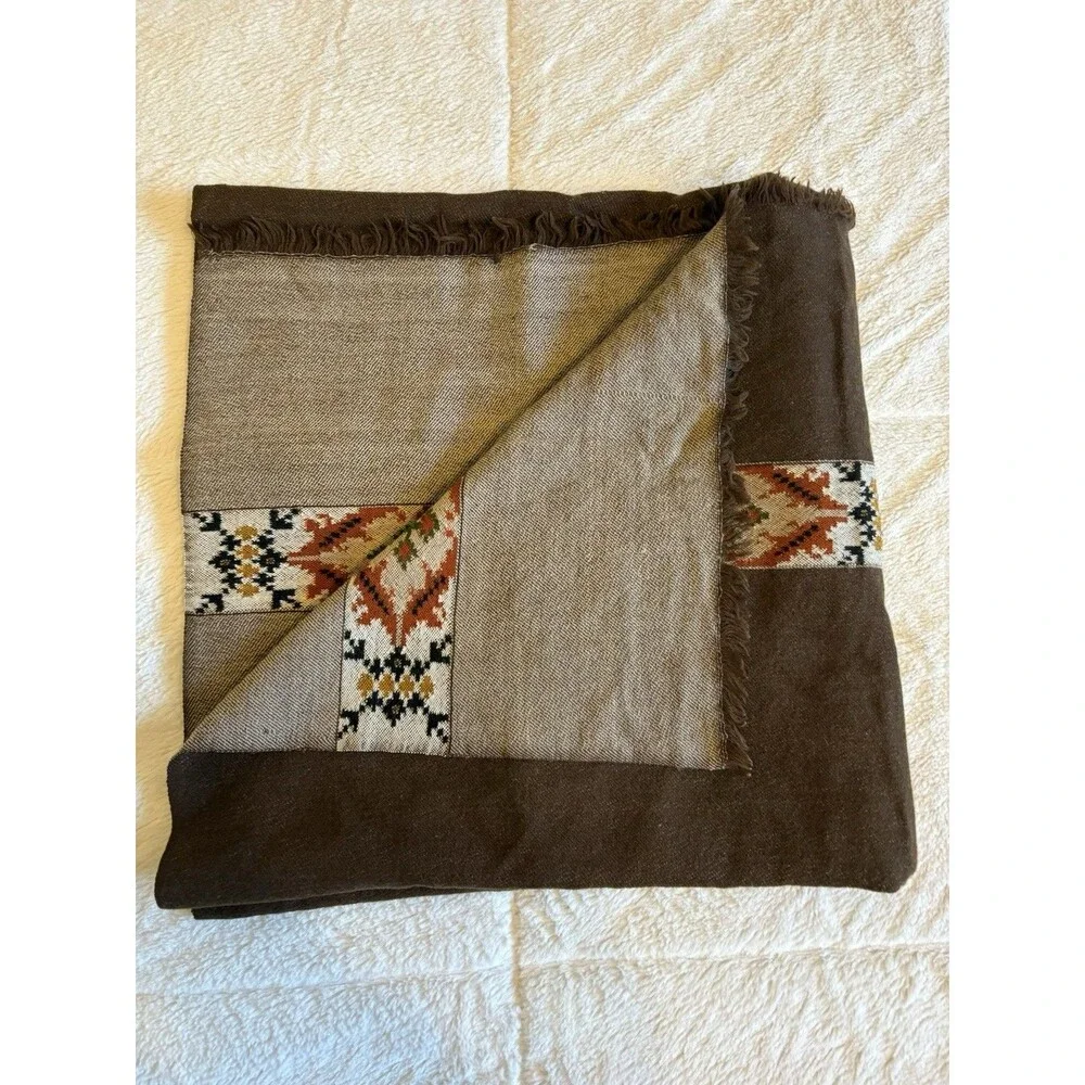 Sanskriti Vintage Long Pure Woollen Brown Woven Kullu Shawl Scarf Throw Stole
